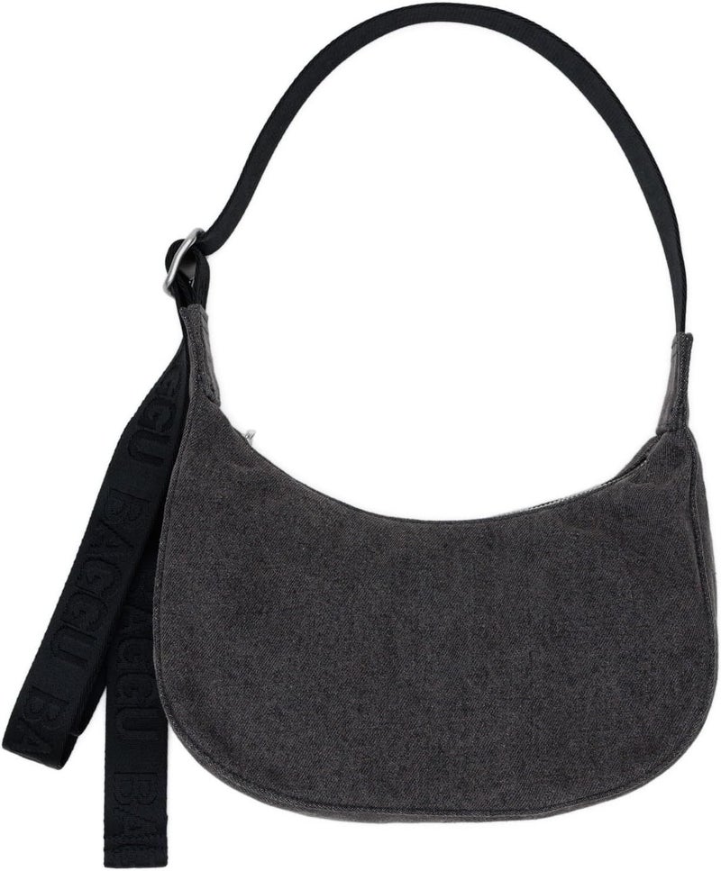 BAGGU Small Denim Crescent Bag - Washed Black Denim - Image 1